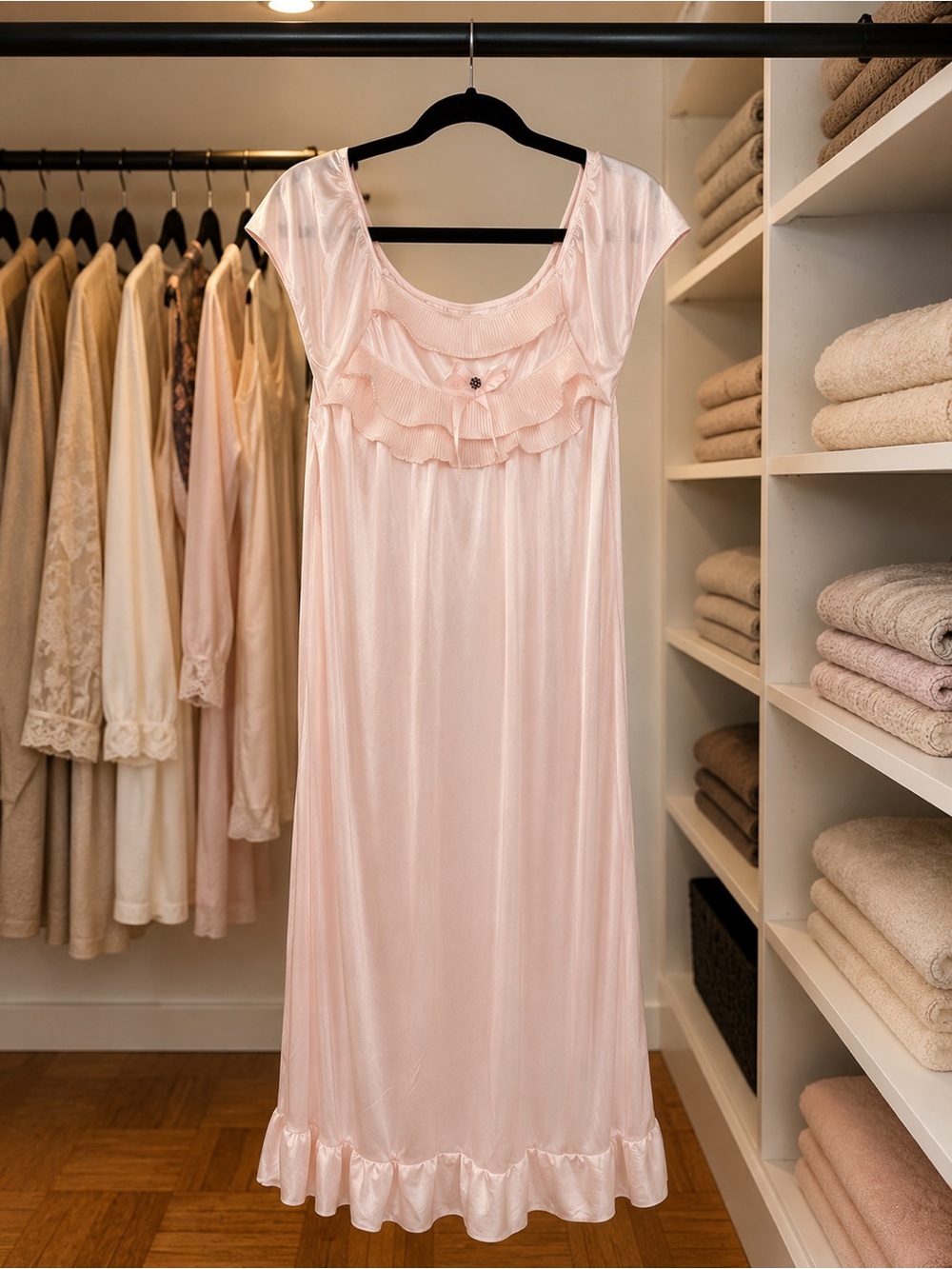 Vintage Style Pink Satin Nightgown Ruffle Lace Trim Sleep Dress Cottagecore